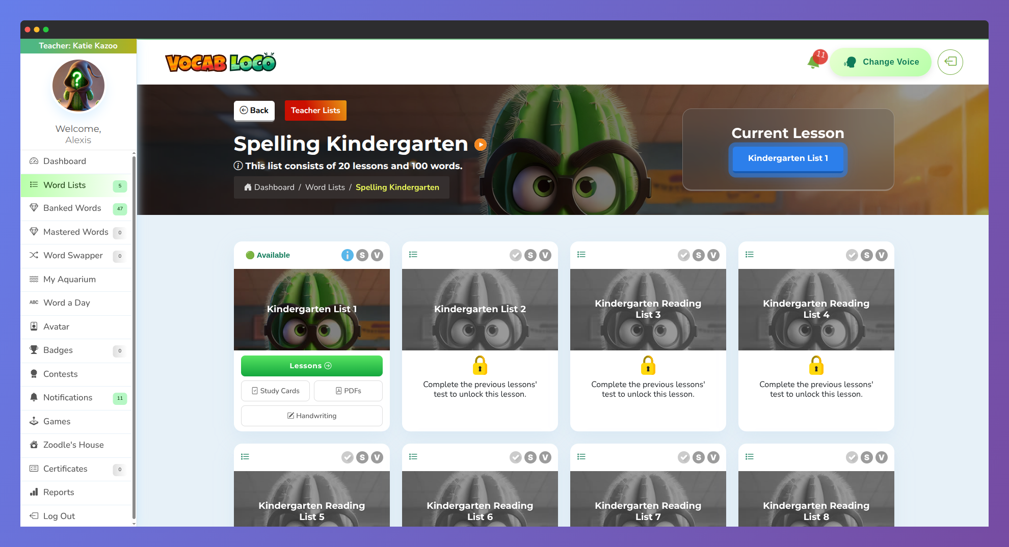 Screenshot of the Vocab Loco student Word Lists page showing self-paced lesson progression, locked and unlocked activities, and teacher-controlled learning paths for spelling and vocabulary practice.