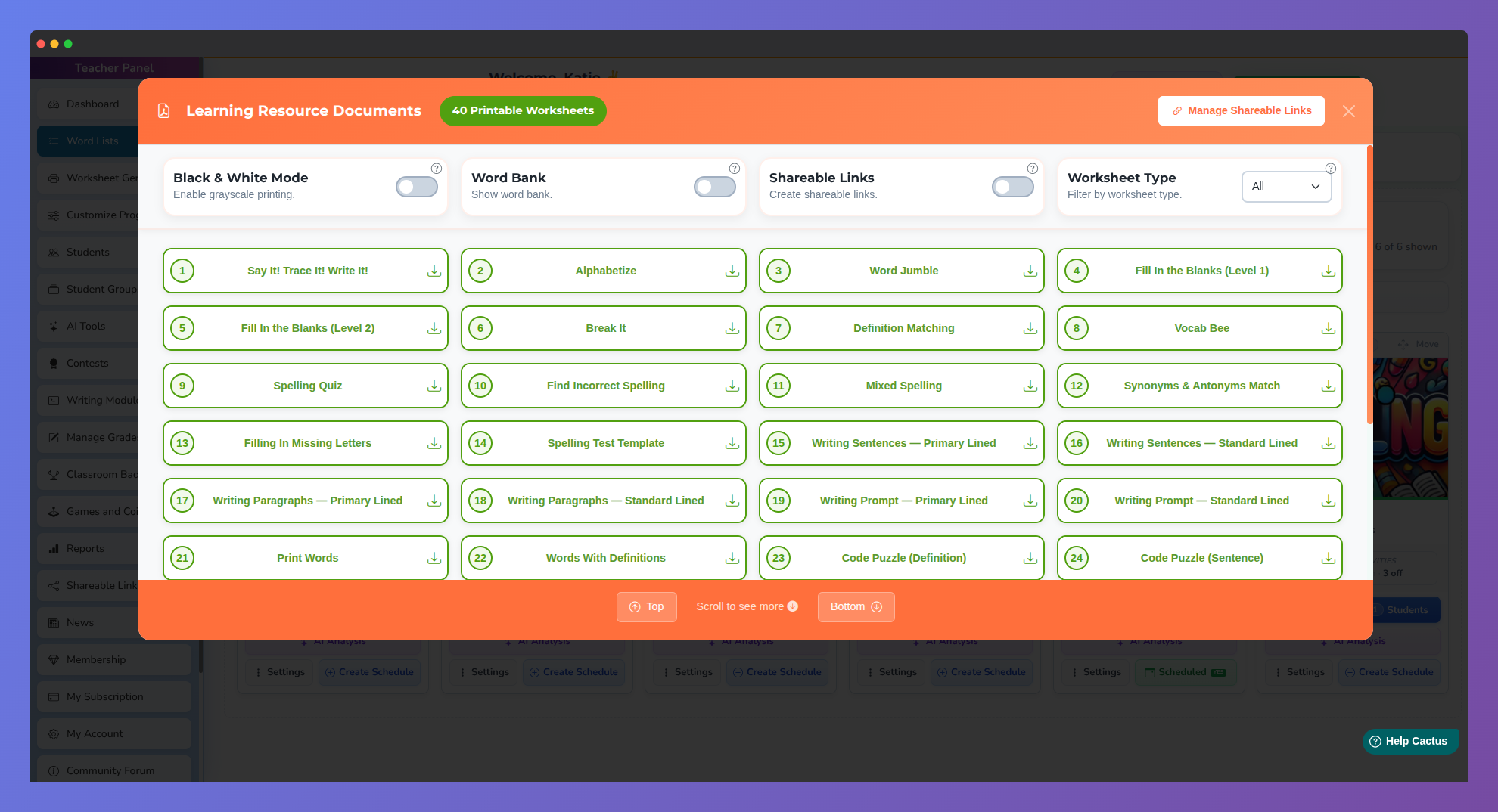 Screenshot of the Vocab Loco Learning Resource Documents panel displaying printable worksheets available for each word list.