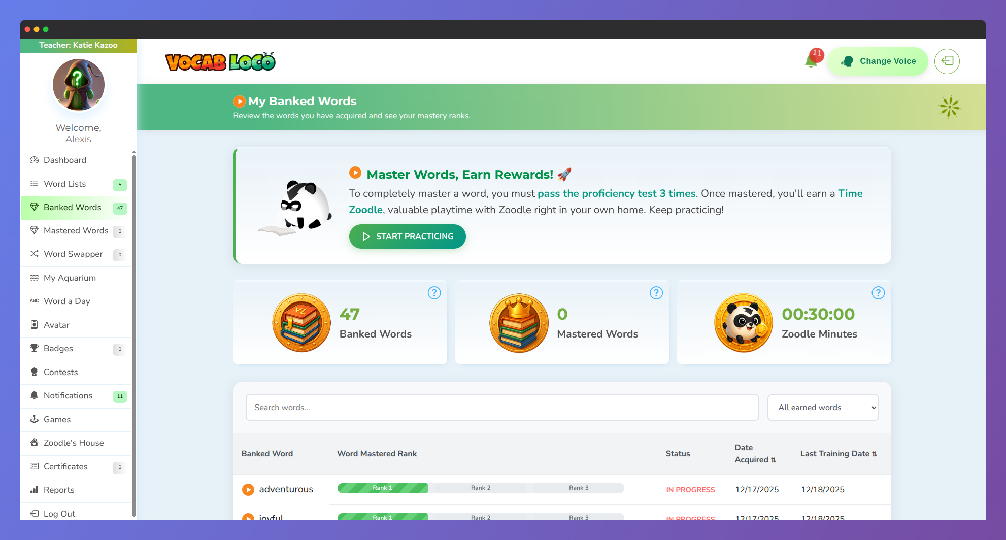 Screenshot of the Vocab Loco My Banked Words page showing the difference between Banked Words and Mastered Words, including student progress, mastery ranks, and earned Zoodle reward minutes.