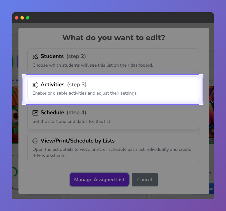 Screenshot of the Manage Assigned List modal in Vocab Loco highlighting the Activities section, where teachers can enable, disable, and configure student activities for a word list.