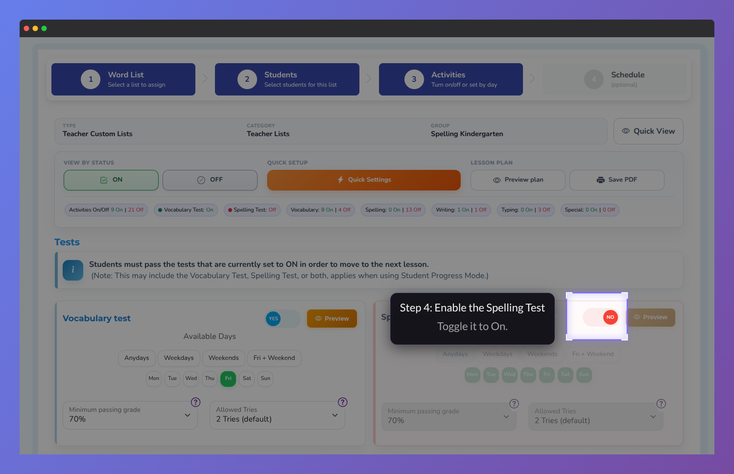 Screenshot of the Vocab Loco Activities setup page highlighting the Spelling Test toggle, where teachers can enable the spelling activity for students.