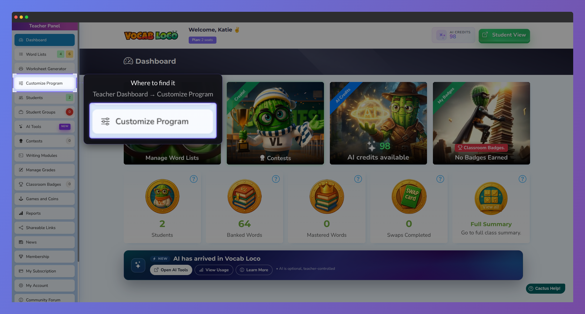 Screenshot of the Vocab Loco Teacher Dashboard highlighting the Customize Program option in the left sidebar, where teachers can manage program-wide settings and student activity controls.