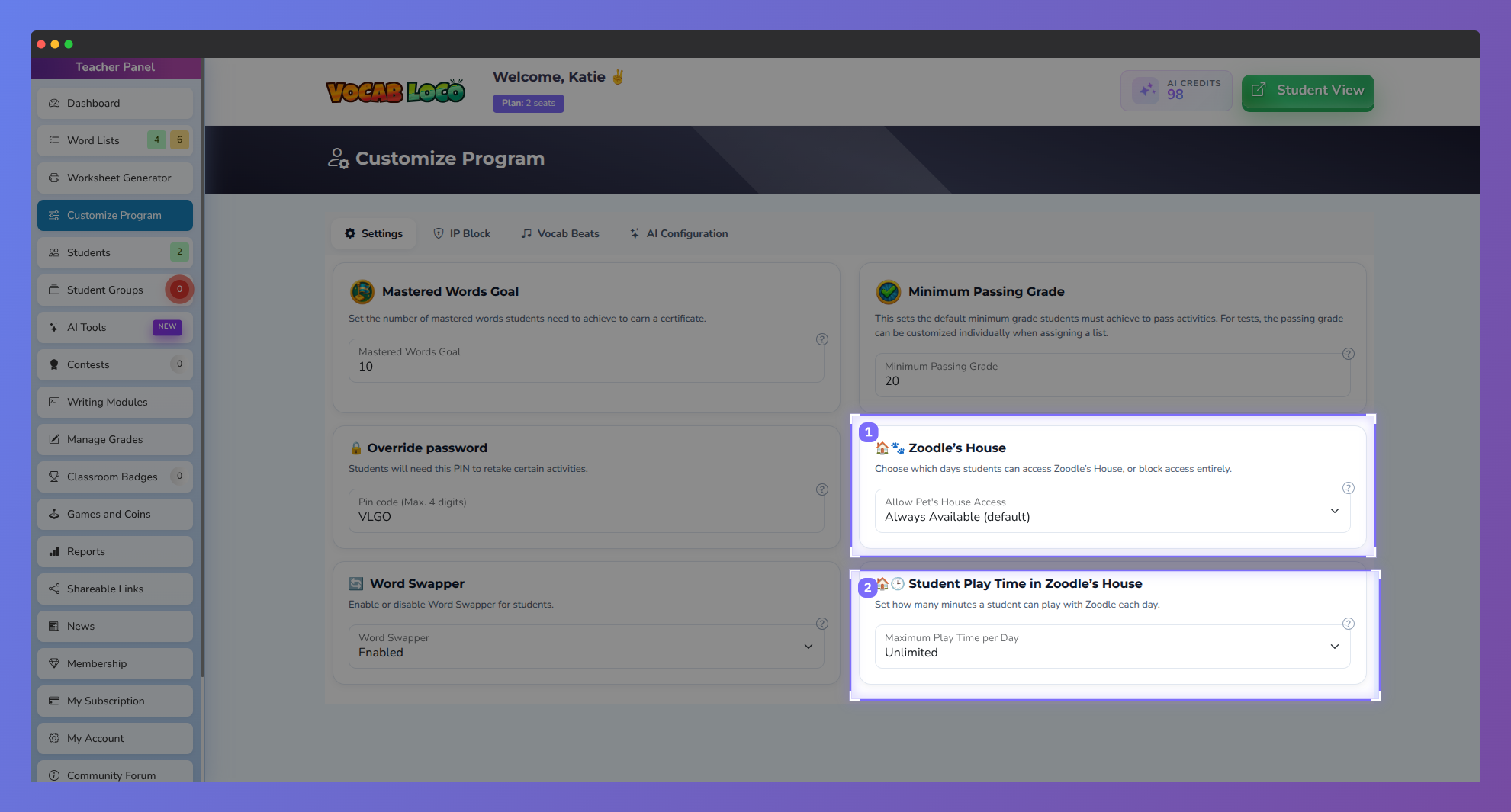 Screenshot of the Vocab Loco Customize Program settings page highlighting the Zoodle’s House access controls and student play time settings, where teachers can manage availability and daily play limits.