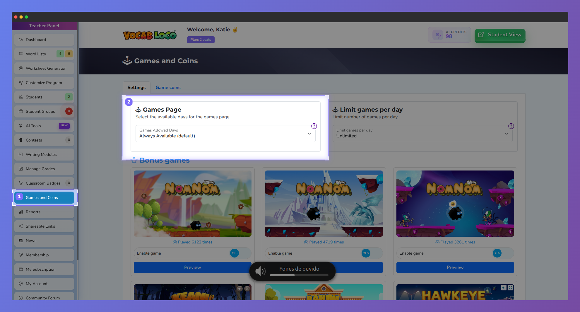 Screenshot of the Vocab Loco Games and Coins settings page highlighting the Games Page availability controls, where teachers can choose when students can access educational games.