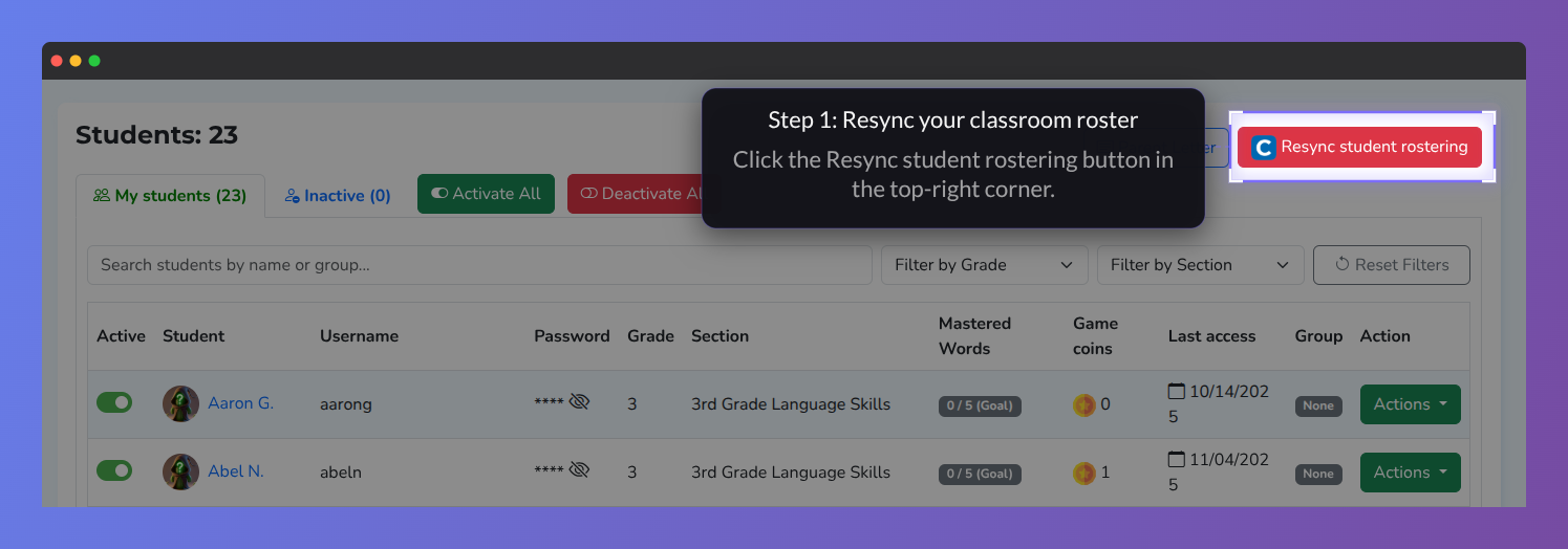 Screenshot of the Vocab Loco Students page highlighting the Resync Student Rostering button in the top-right corner, used to refresh and update the classroom roster.
