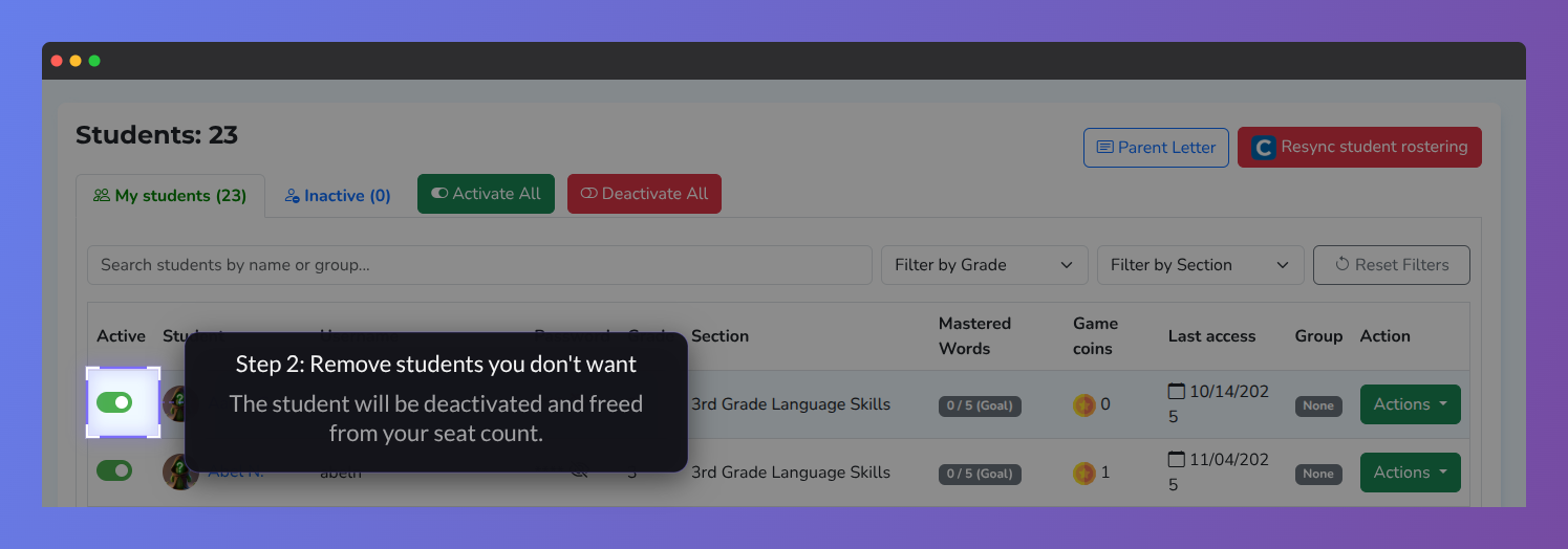 Screenshot of the Vocab Loco Students page highlighting the student activation toggle, which teachers can use to deactivate students and free up seat availability.