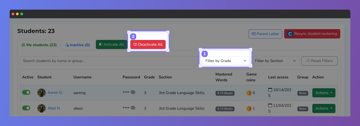 Screenshot of the Vocab Loco Students page highlighting the Grade filter dropdown and the Deactivate All button, which teachers can use to filter students by grade level and deactivate selected students in bulk.