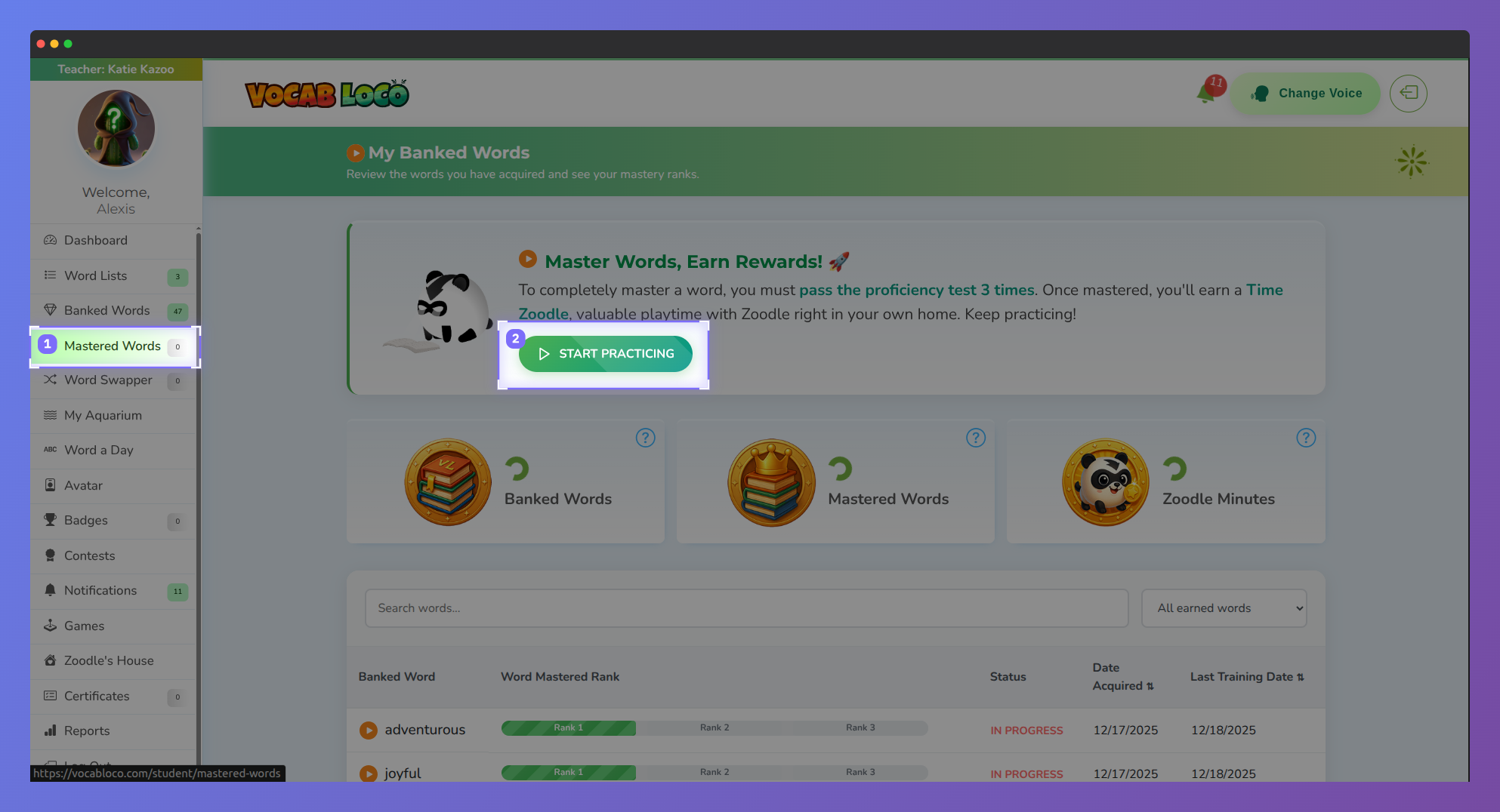 Screenshot of the Vocab Loco Mastered Words page highlighting the Start Practicing button, where students can continue practicing words to improve mastery and earn rewards.