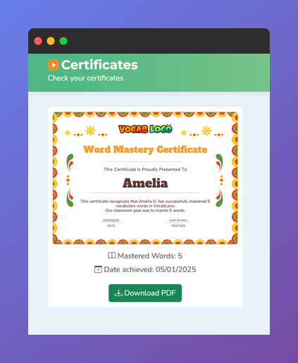 Screenshot of the Vocab Loco Certificates page displaying a Word Mastery Certificate earned by a student, along with the Download PDF button.