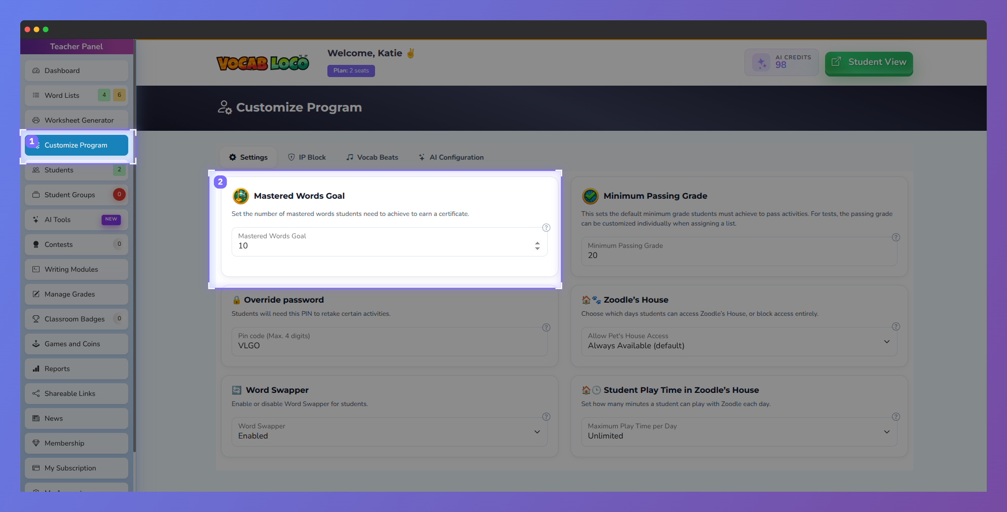Screenshot of the Vocab Loco Customize Program page highlighting the Mastered Words Goal setting, where teachers can choose how many mastered words students must achieve to earn a certificate.