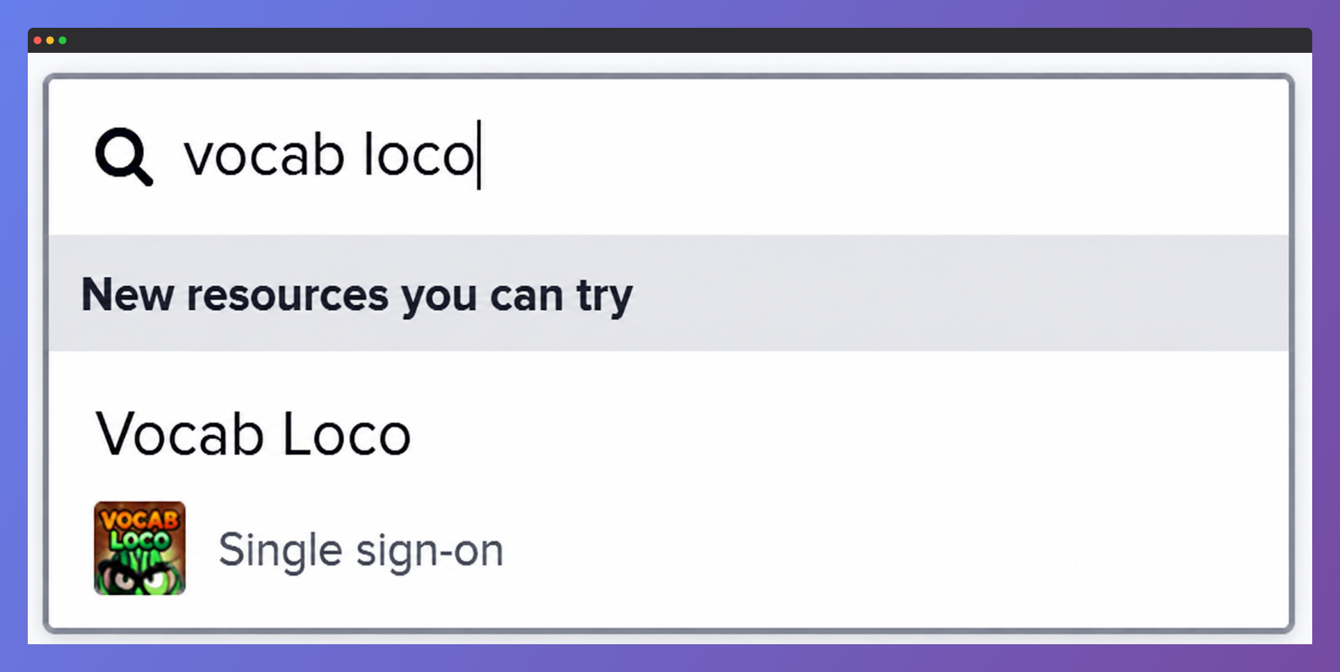 Screenshot of Clever Library search results displaying the Vocab Loco Single Sign-On app, which teachers can add to their Clever dashboard for automatic student rostering and easy account access.