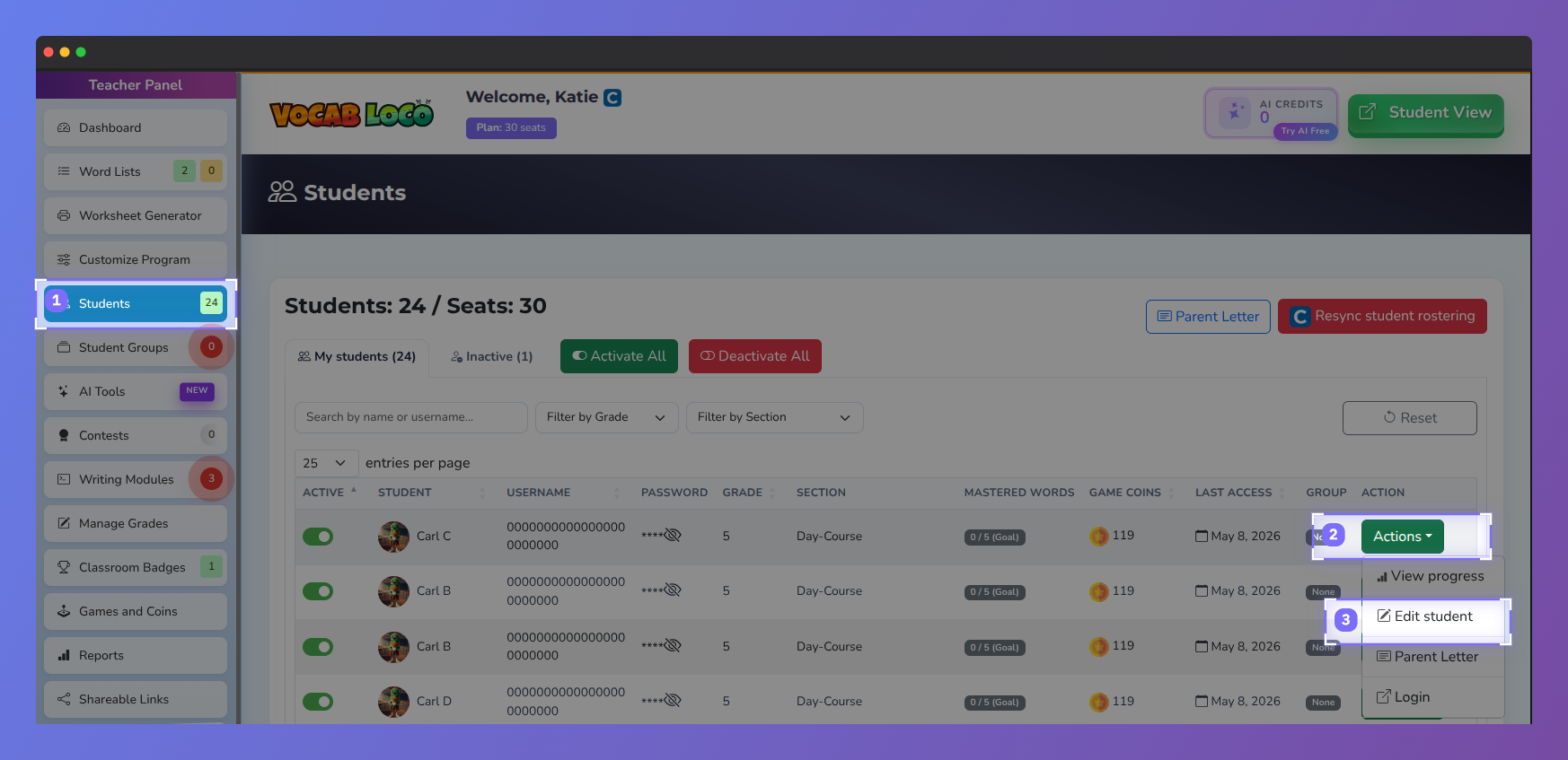 Screenshot of the Vocab Loco Teacher Panel Students page showing classroom roster management, student progress tools, filtering options, and action controls for editing and monitoring student accounts.