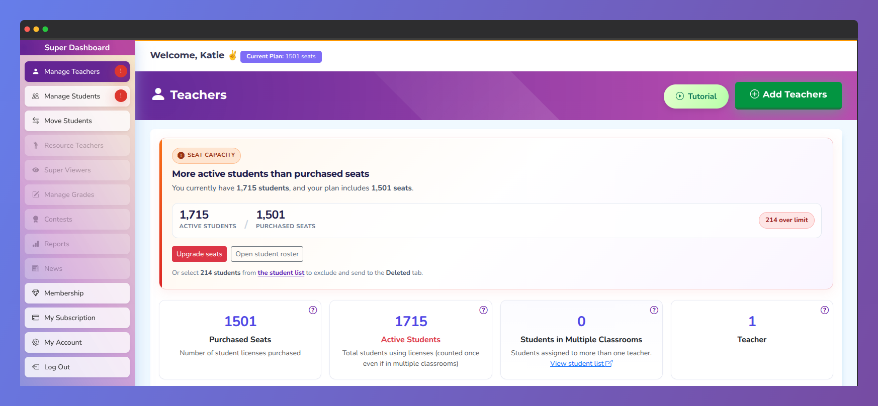 Screenshot of the Vocab Loco Super User Dashboard showing seat overusage management.