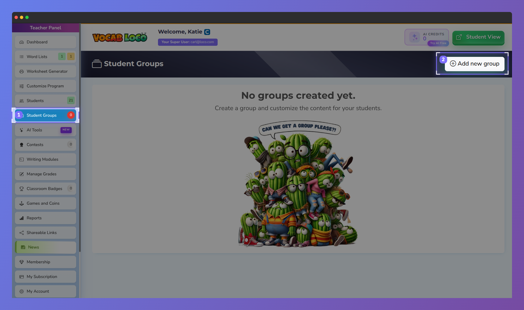 Screenshot of the Vocab Loco Student Groups page where teachers can create and organize custom student groups for differentiated instruction, assignments, and classroom management.