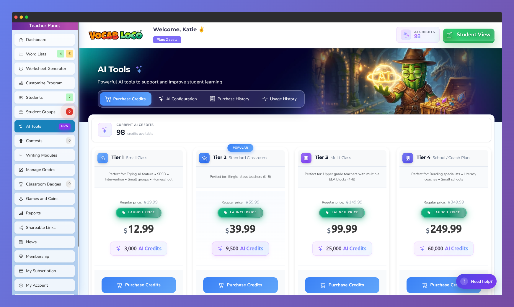 Screenshot of the Vocab Loco AI Tools purchase page showing available AI credits, classroom AI plans, pricing tiers, and options for purchasing credits to support AI-powered educational features.