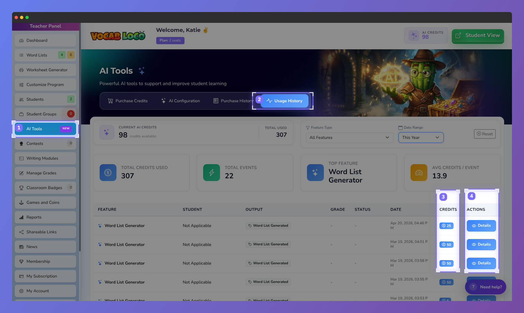 Screenshot of the Vocab Loco AI Tools Usage History page showing AI credit usage analytics, feature activity tracking, generated events, and detailed logs for monitoring AI-powered classroom tools.