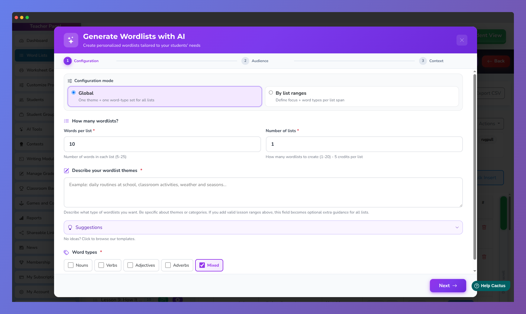 Screenshot of the AI Word List Generator configuration form in Vocab Loco showing the theme description field and list settings.