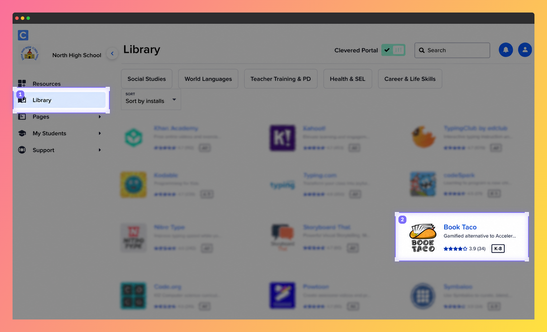 Screenshot of the Clever Library interface showing educational apps available for teachers and students, including the Book Taco app.