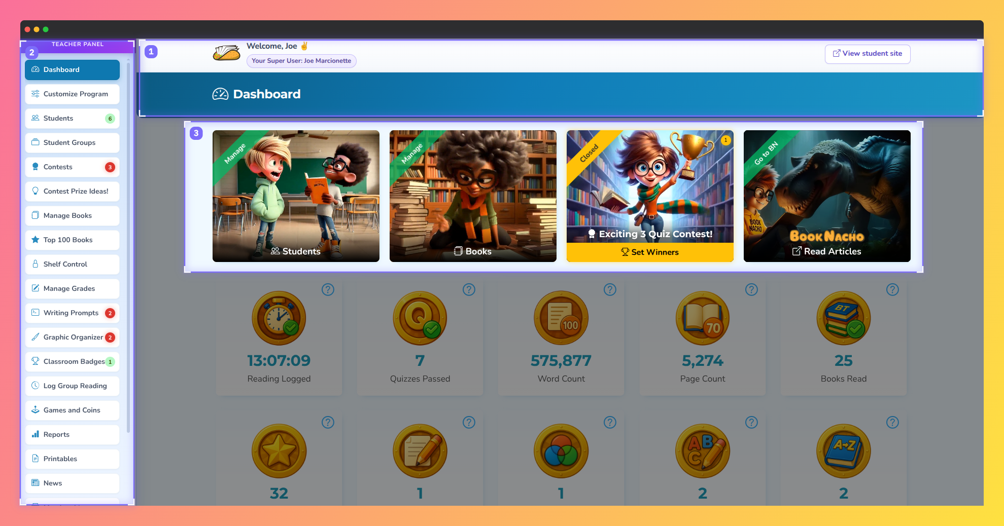 Screenshot of the Book Taco Teacher Dashboard.