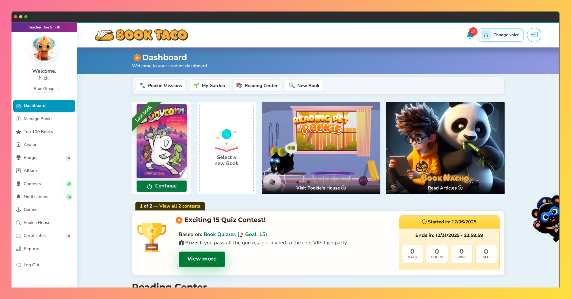 Screenshot of the Book Taco Student Dashboard featuring reading activities, contests, badges, games, reading progress tools, and interactive learning sections.