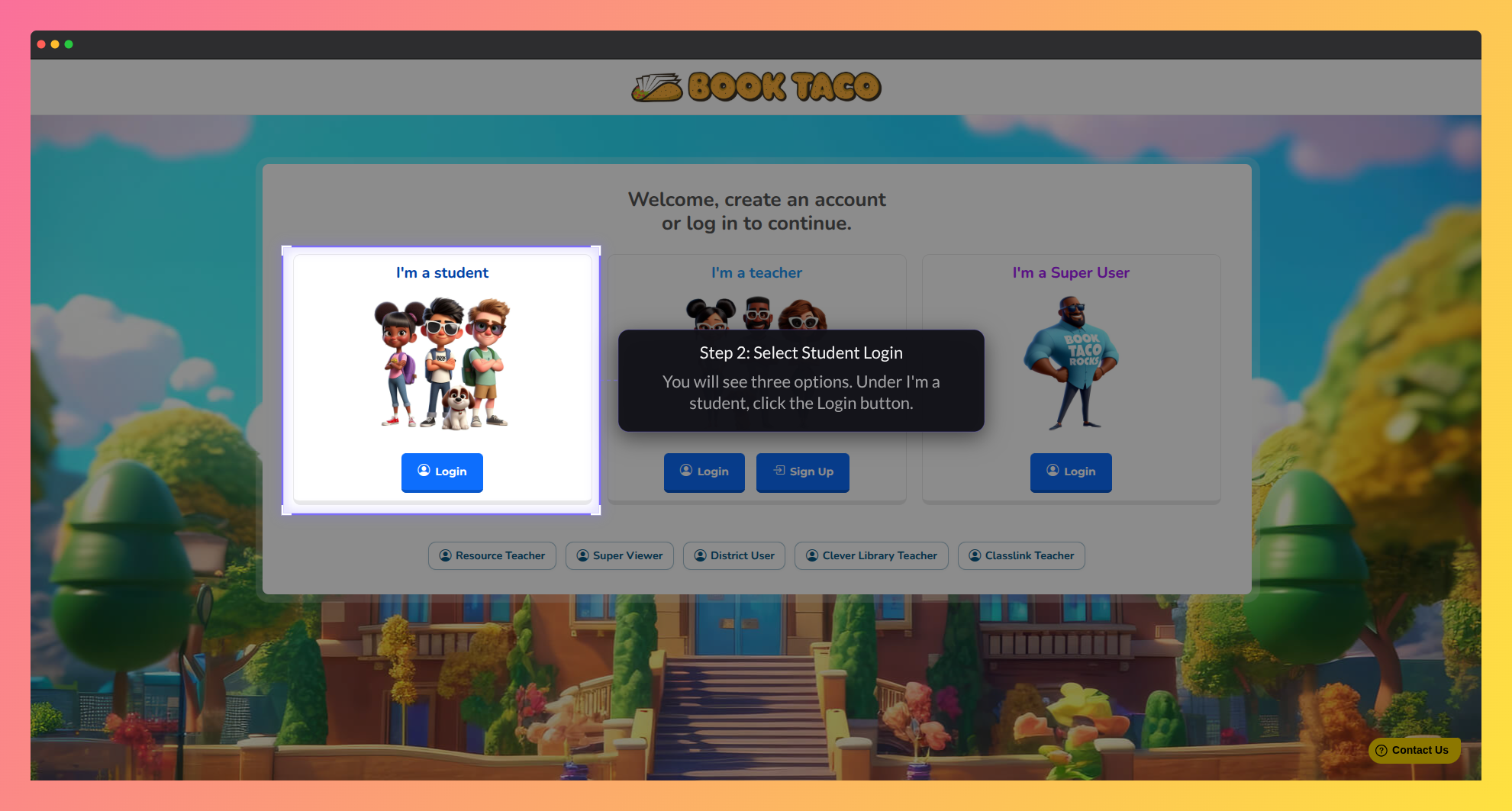Screenshot of the Book Taco login and account selection screen.
