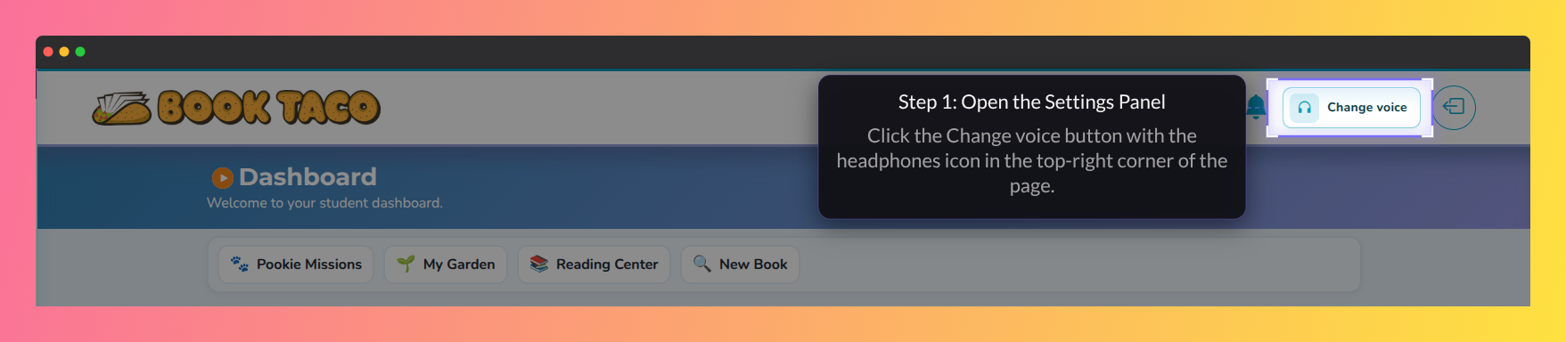 Screenshot of the Book Taco student dashboard highlighting the Change Voice accessibility feature, which allows students to customize audio narration and listening preferences directly from the top-right settings area.