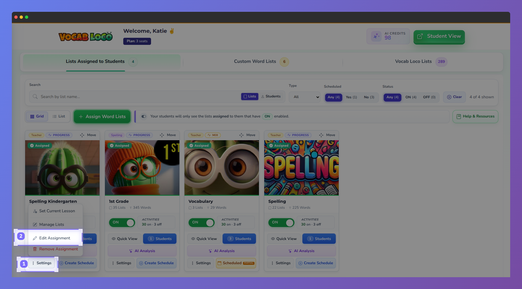 Screenshot of the Vocab Loco Teacher Dashboard showing the assigned word lists management.