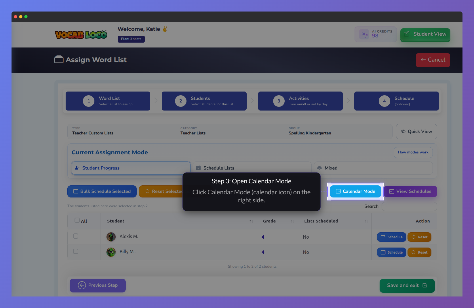 Screenshot of the Vocab Loco Assign Word List workflow showing the multi-step assignment process.