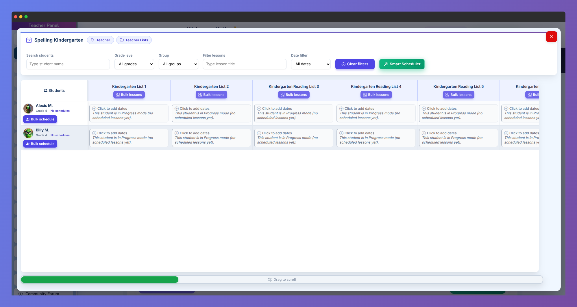 Screenshot of the Vocab Loco Smart Scheduler interface showing classroom word list scheduling tools.