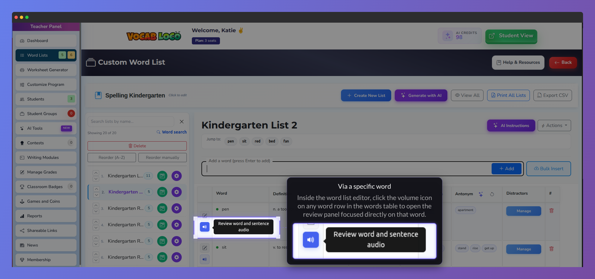 Screenshot of the Vocab Loco Custom Word List editor showing how teachers can review word and sentence audio for an individual vocabulary word.