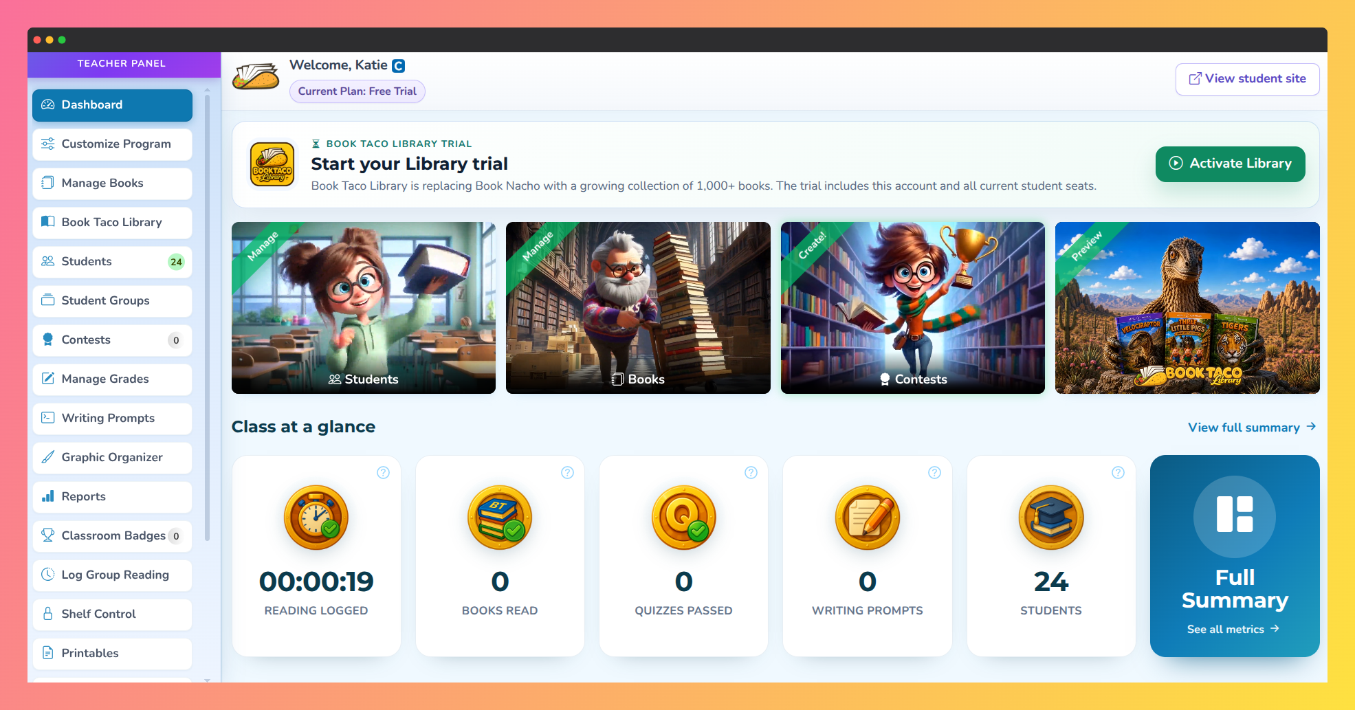 Screenshot of the Book Taco Teacher Dashboard displaying the Book Taco Library Trial widget.