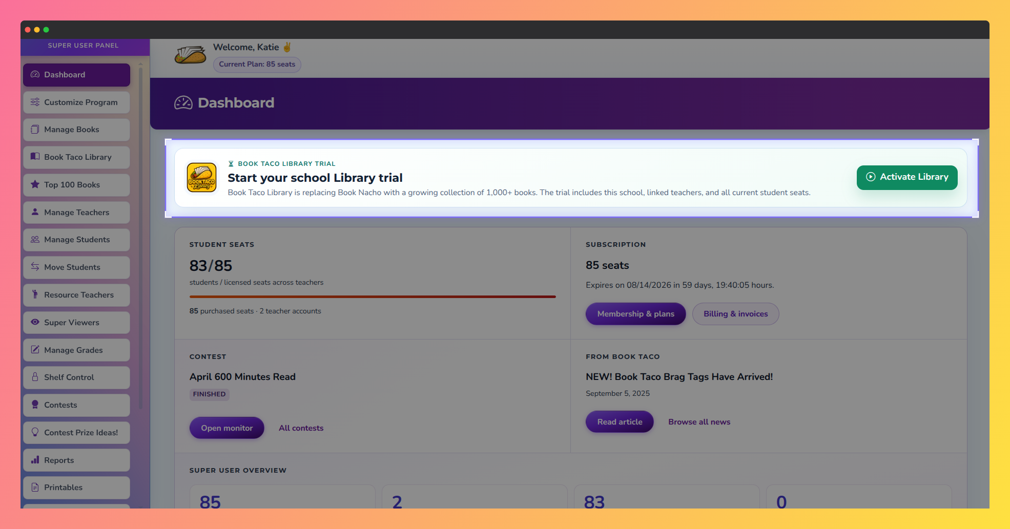 Screenshot of the Book Taco Super User Dashboard displaying the Book Taco Library Trial widget.