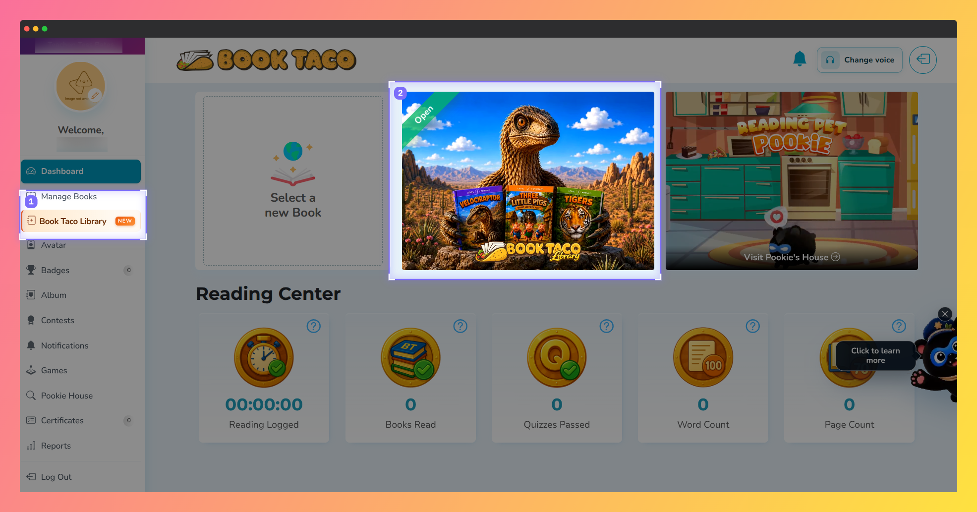 Screenshot of the Book Taco student dashboard highlighting the Book Taco Library widget, where students can access the digital library.