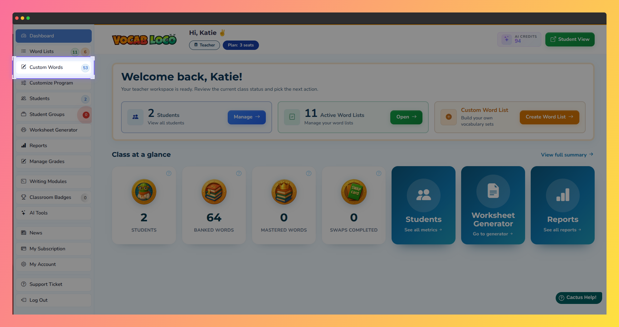Screenshot showing the Custom Words menu in the Vocab Loco Teacher Panel.