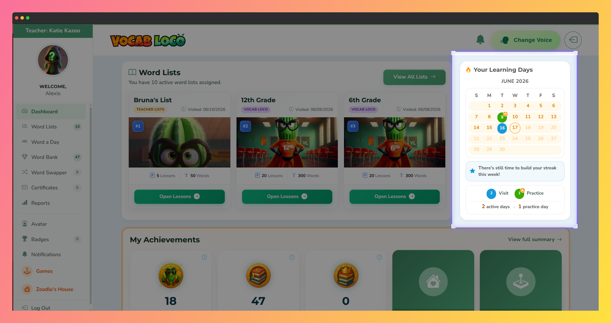 Screenshot showing the Learning Days widget on the Vocab Loco student dashboard.