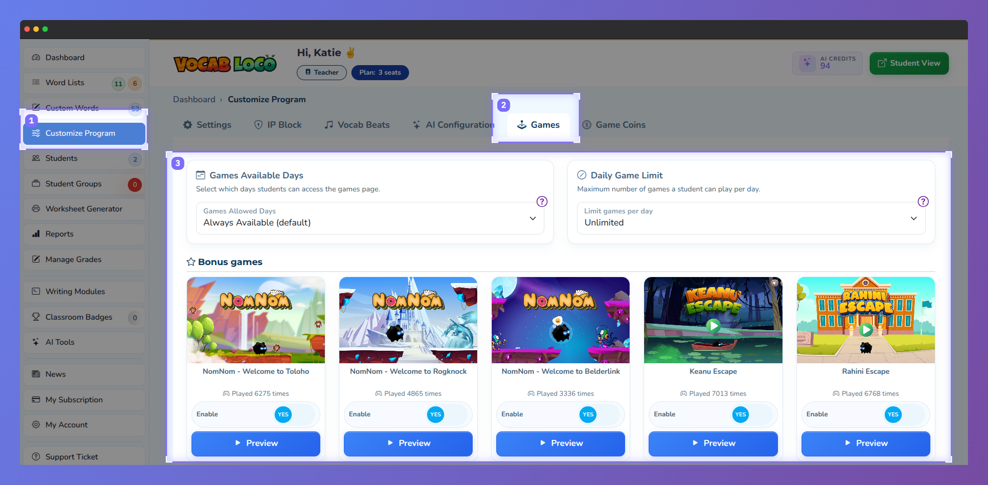Screenshot showing the Games settings section in the Vocab Loco Teacher Panel.