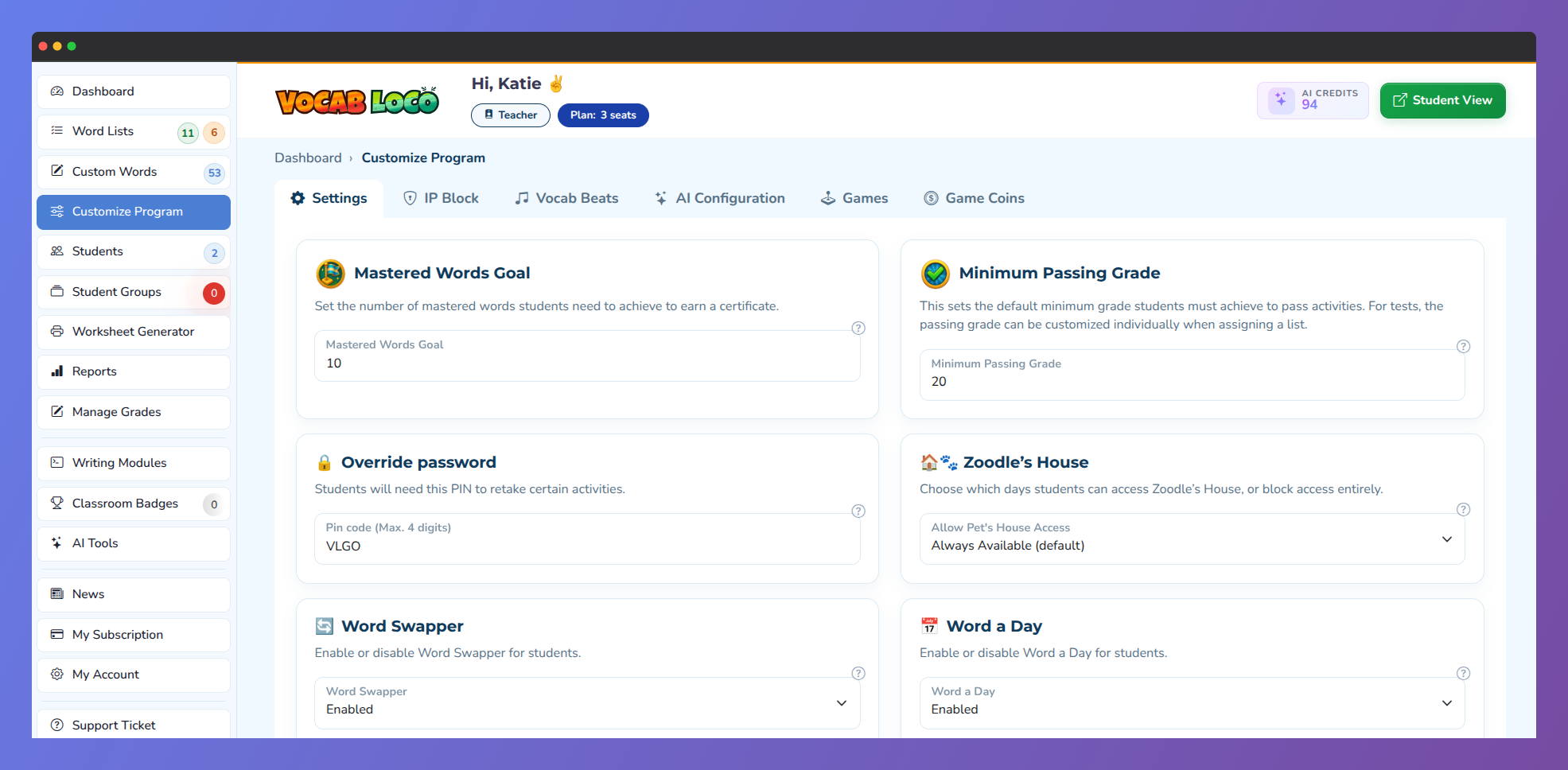 Screenshot showing the Settings section of the Vocab Loco Customize Program page.
