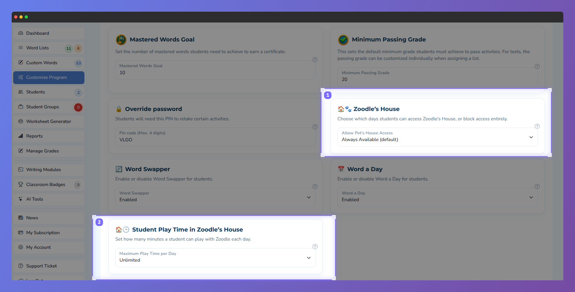 Screenshot of the Vocab Loco Customize Program settings page highlighting the Zoodle's House access controls and student play time settings, where teachers can manage availability and daily play limits.