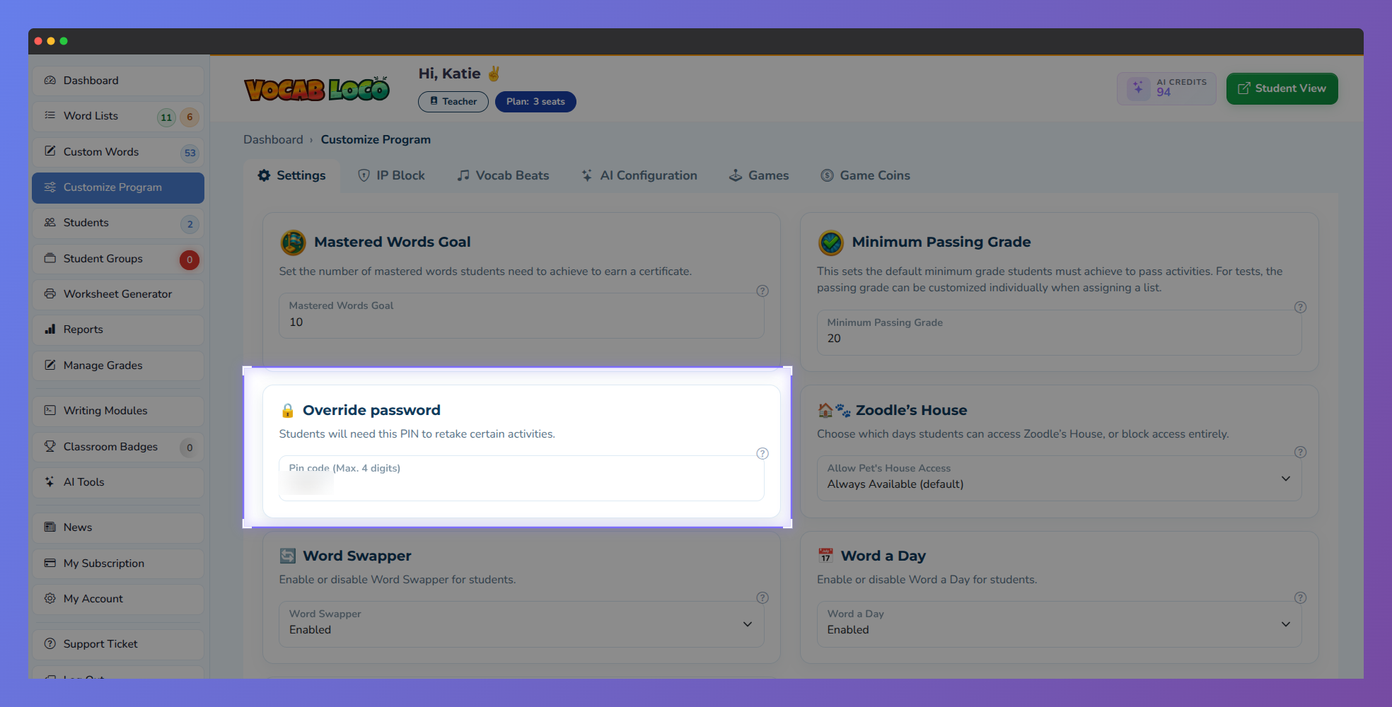 Screenshot of the Vocab Loco Customize Program settings page highlighting the Override Password section, where teachers can create a 4-digit PIN for student activity retries.