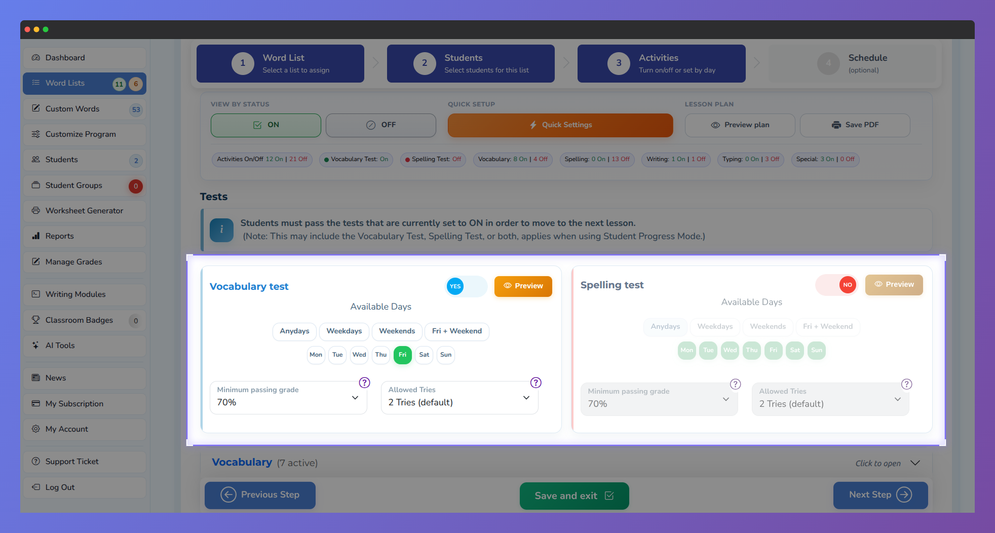 Screenshot of the Vocab Loco Activities settings page showing the Vocabulary and Spelling Test configuration panels, where teachers can adjust the Minimum Passing Grade and Allowed Tries for students.