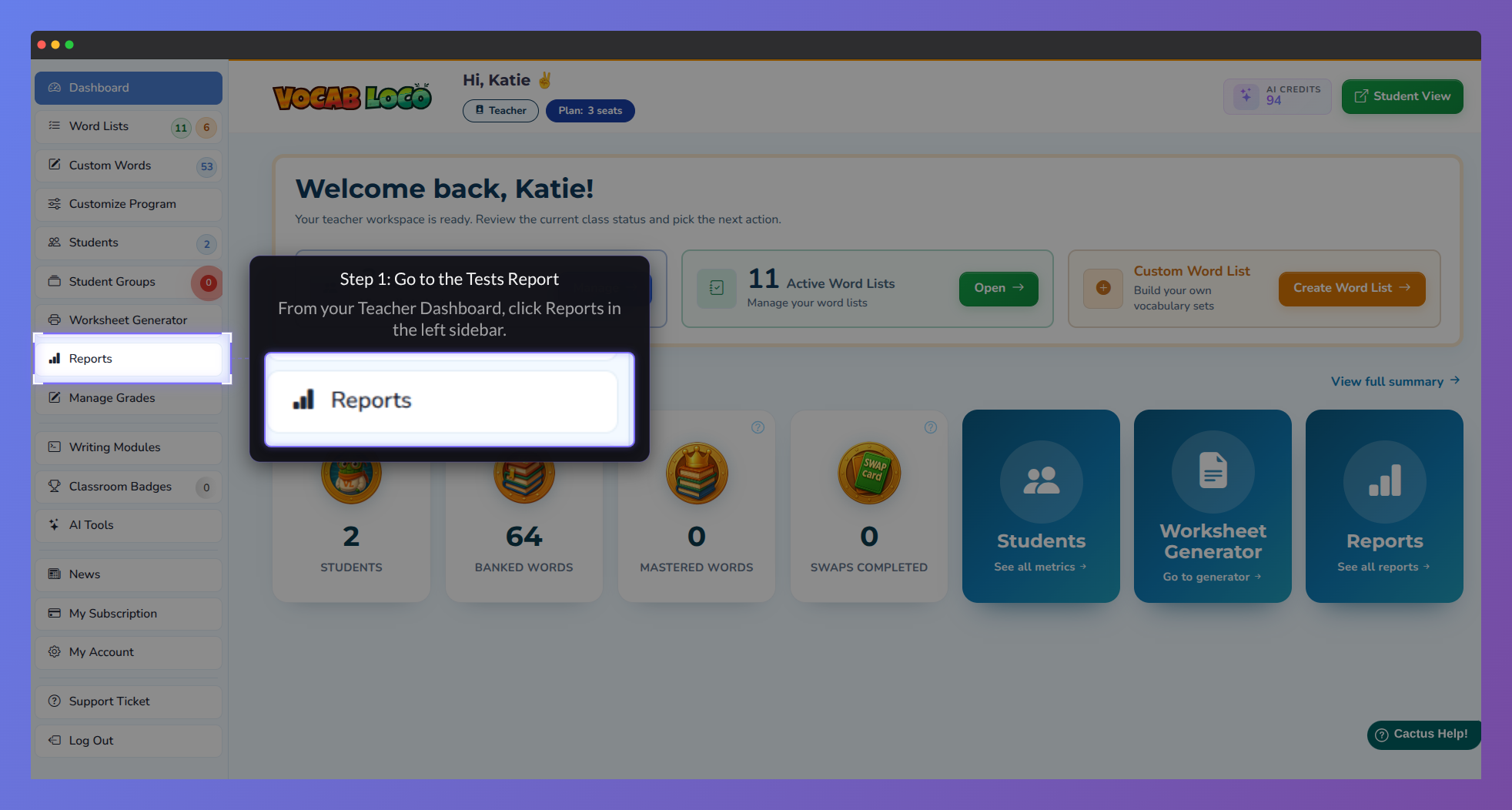 Screenshot showing the Reports section in the Vocab Loco Teacher Panel.