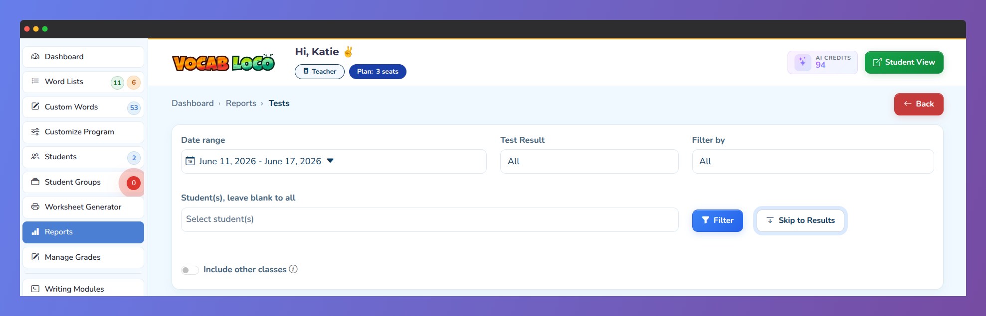 Screenshot showing the Tests Reports section in the Vocab Loco Teacher Panel.