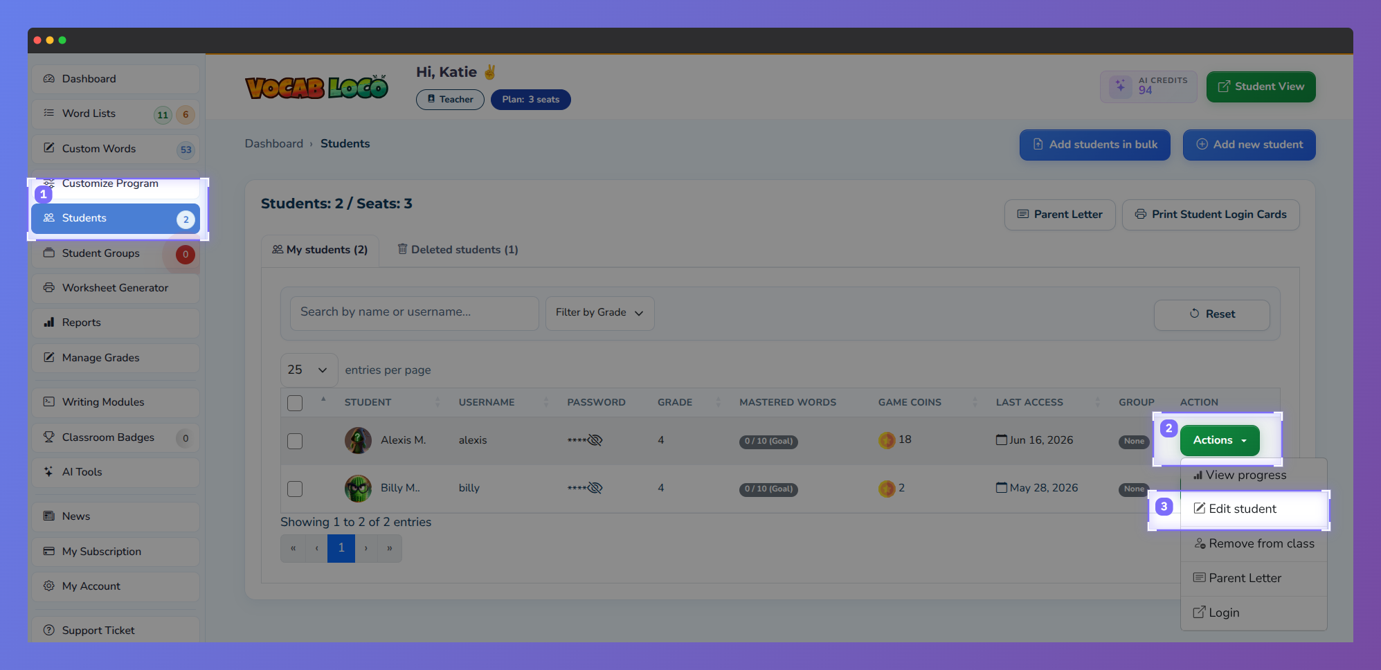 Screenshot of the Vocab Loco Teacher Panel Students page showing classroom roster management, student progress tools, filtering options, and action controls for editing and monitoring student accounts.