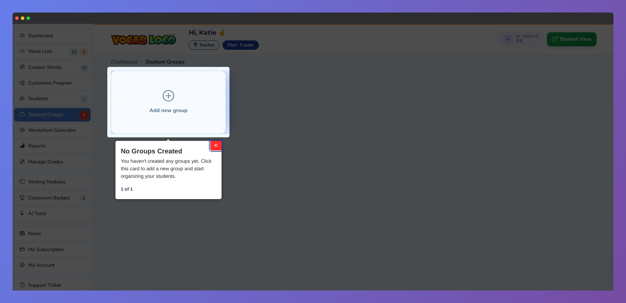 Screenshot of the Vocab Loco Student Groups page where teachers can create and organize custom student groups for differentiated instruction, assignments, and classroom management.