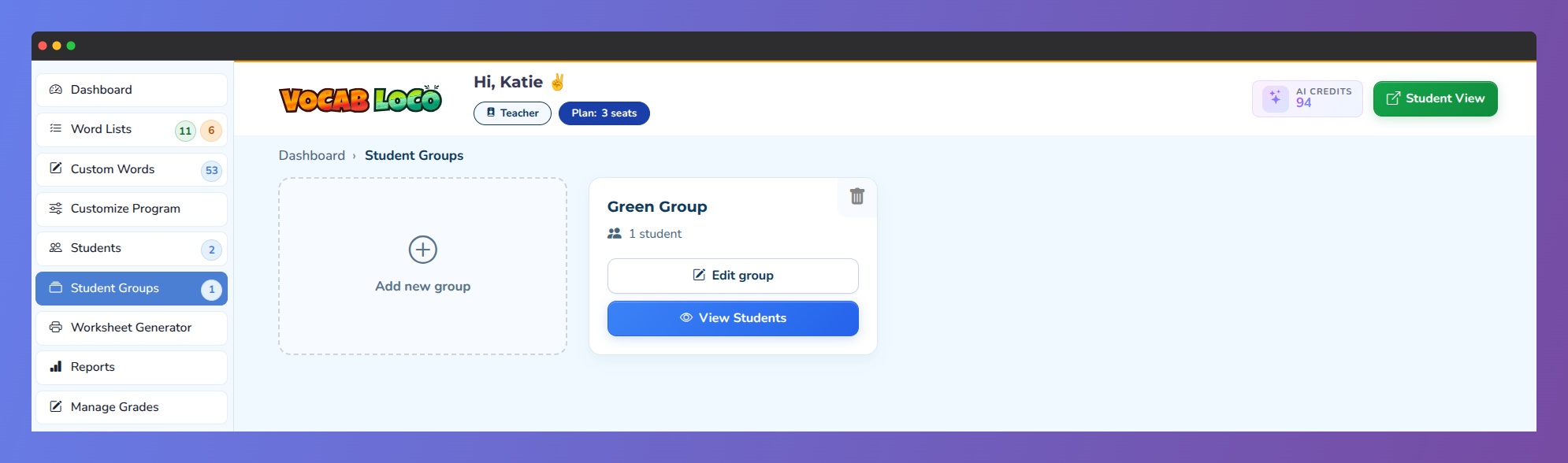 Screenshot of the Vocab Loco Student Groups management page showing options to create, edit, delete, and manage student groups, including viewing assigned students within each group.