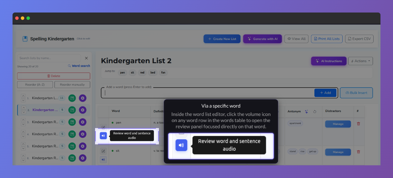 Screenshot of the Vocab Loco Custom Word List editor showing how teachers can review word and sentence audio for an individual vocabulary word.