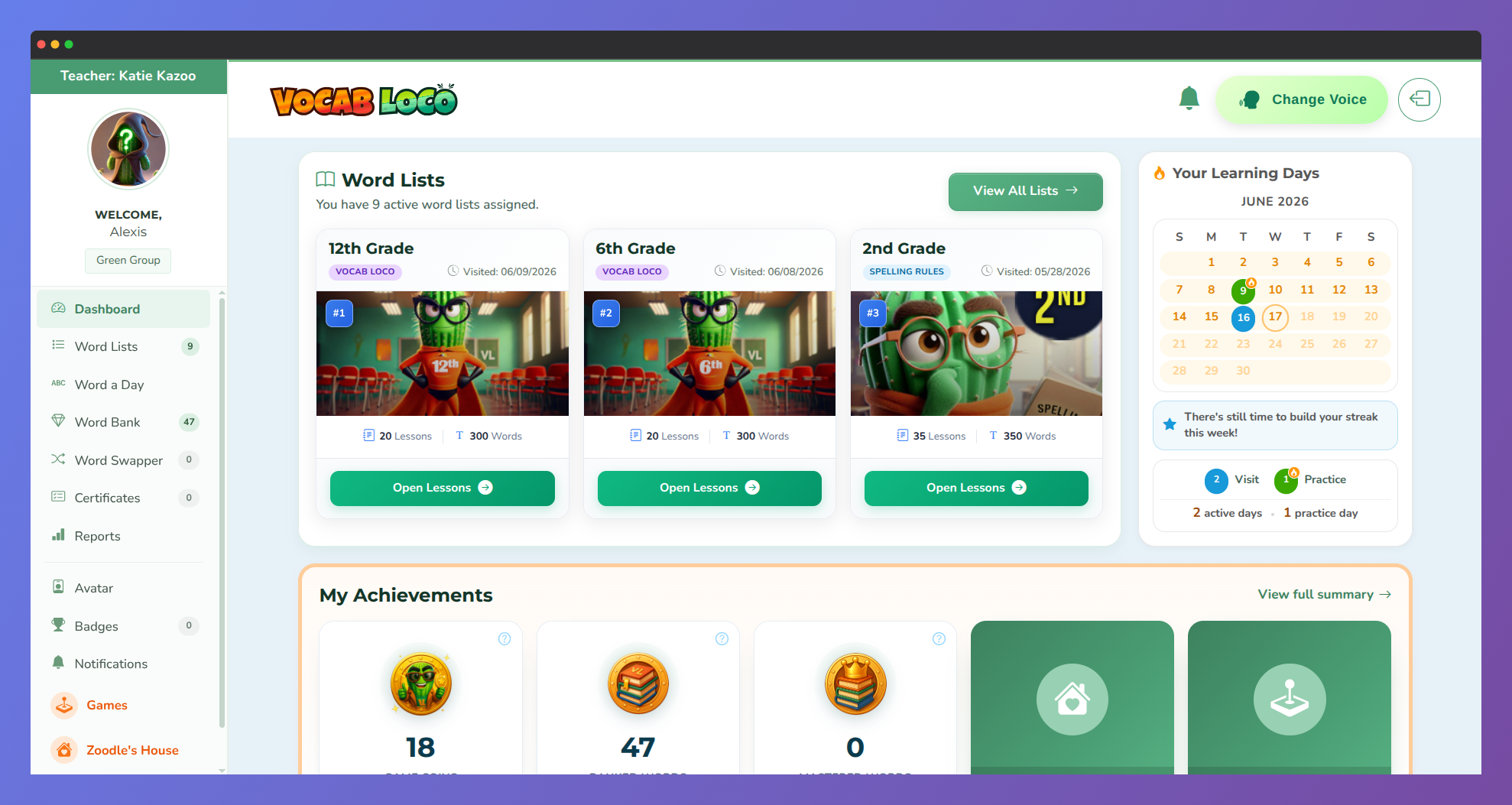 Screenshot of the Vocab Loco Student Dashboard displaying assigned word lists, progress tools, games, and learning modules available to the student.