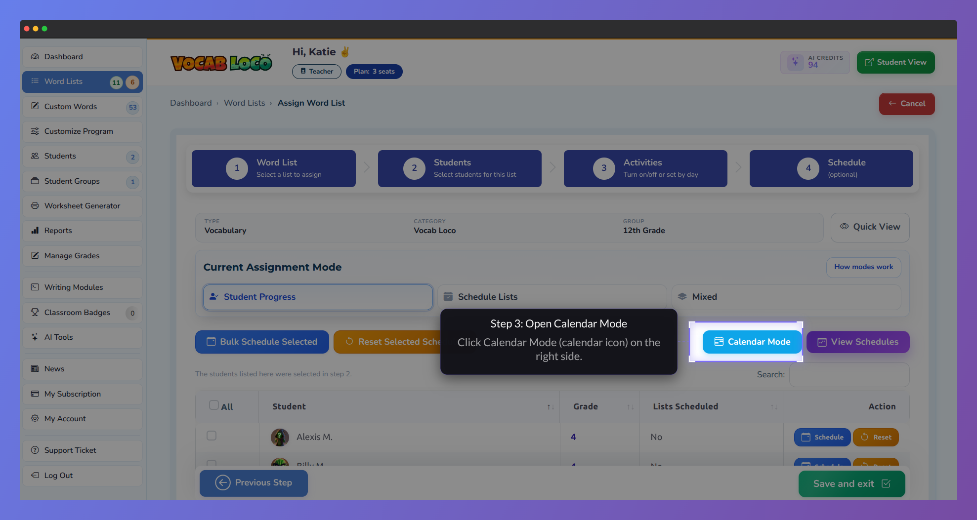 Screenshot of the Vocab Loco Assign Word List workflow showing the multi-step assignment process.