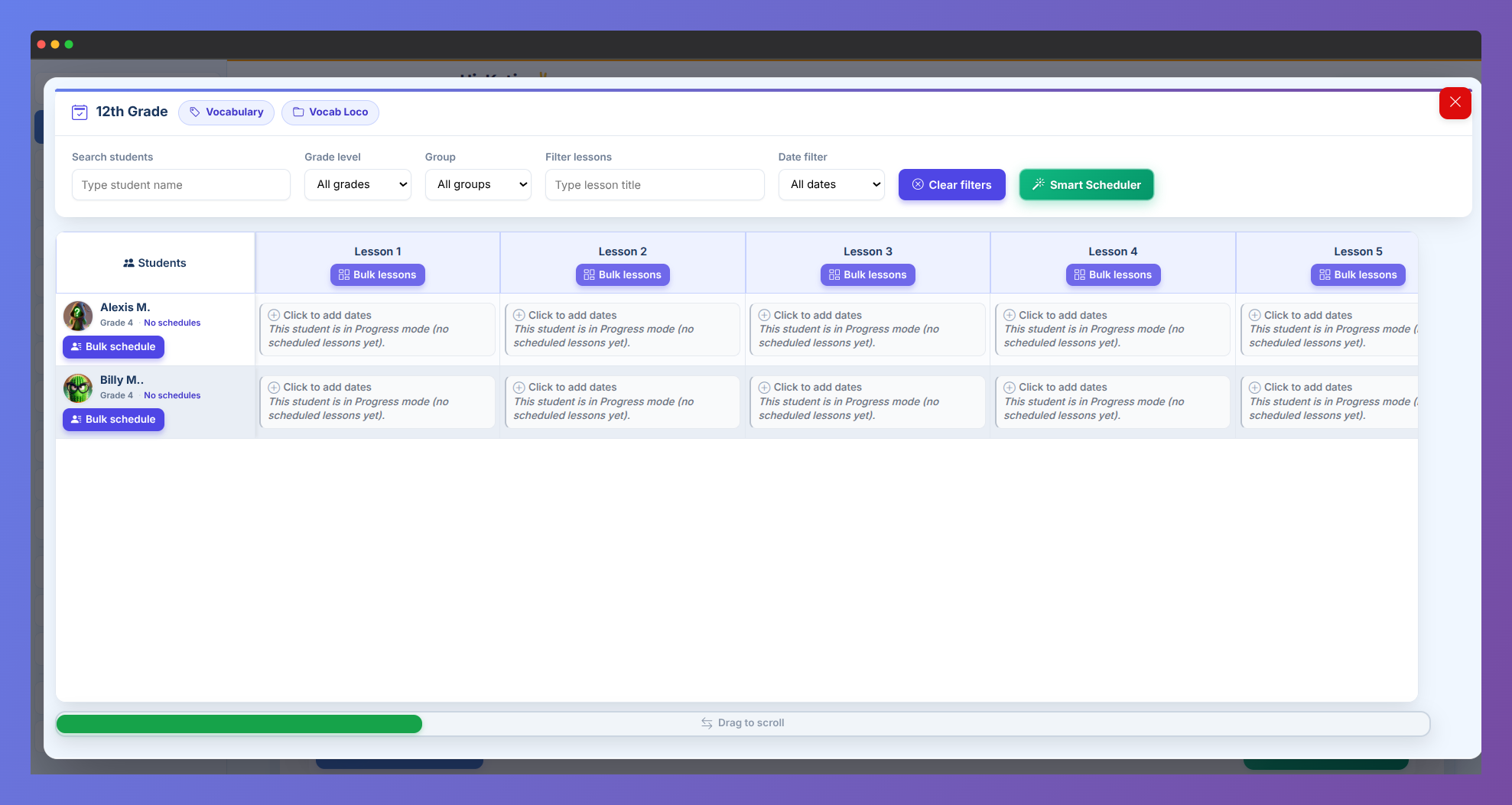 Screenshot of the Vocab Loco Smart Scheduler interface showing classroom word list scheduling tools.