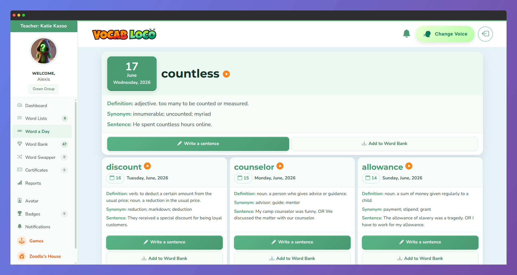 Screenshot of the Word a Day page showing vocabulary definitions, synonyms, example sentences, and options to write a sentence or add words to the Word Bank.
